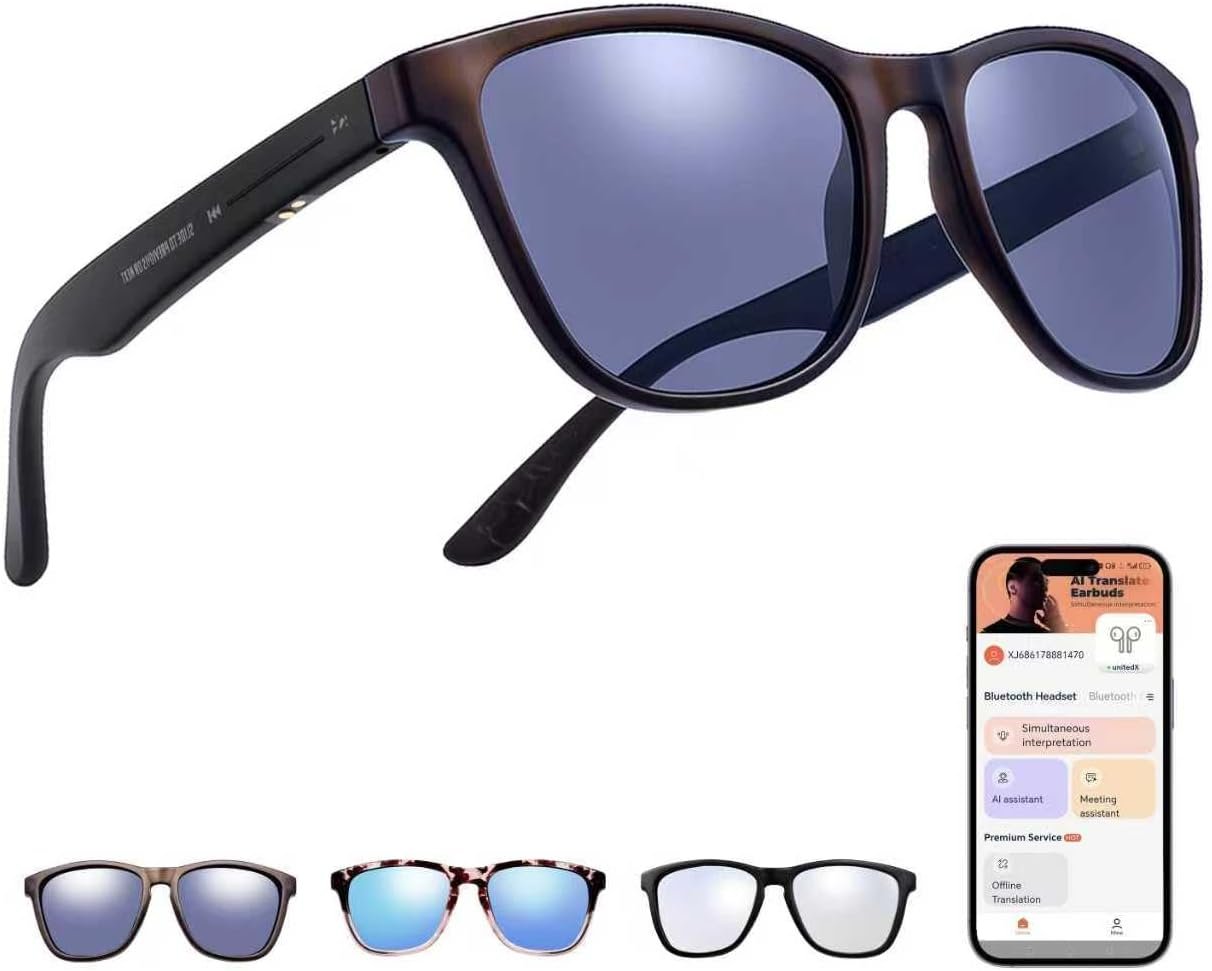 Smart Glasses,Bluetooth Glasses with 2pcs Replacement Lenses 160 Language 5.4 Translation Glasses UV Protection Bluetooth Sunglasses for Men Lightweight Design for Travel,Work,Business,Fishing,Driving