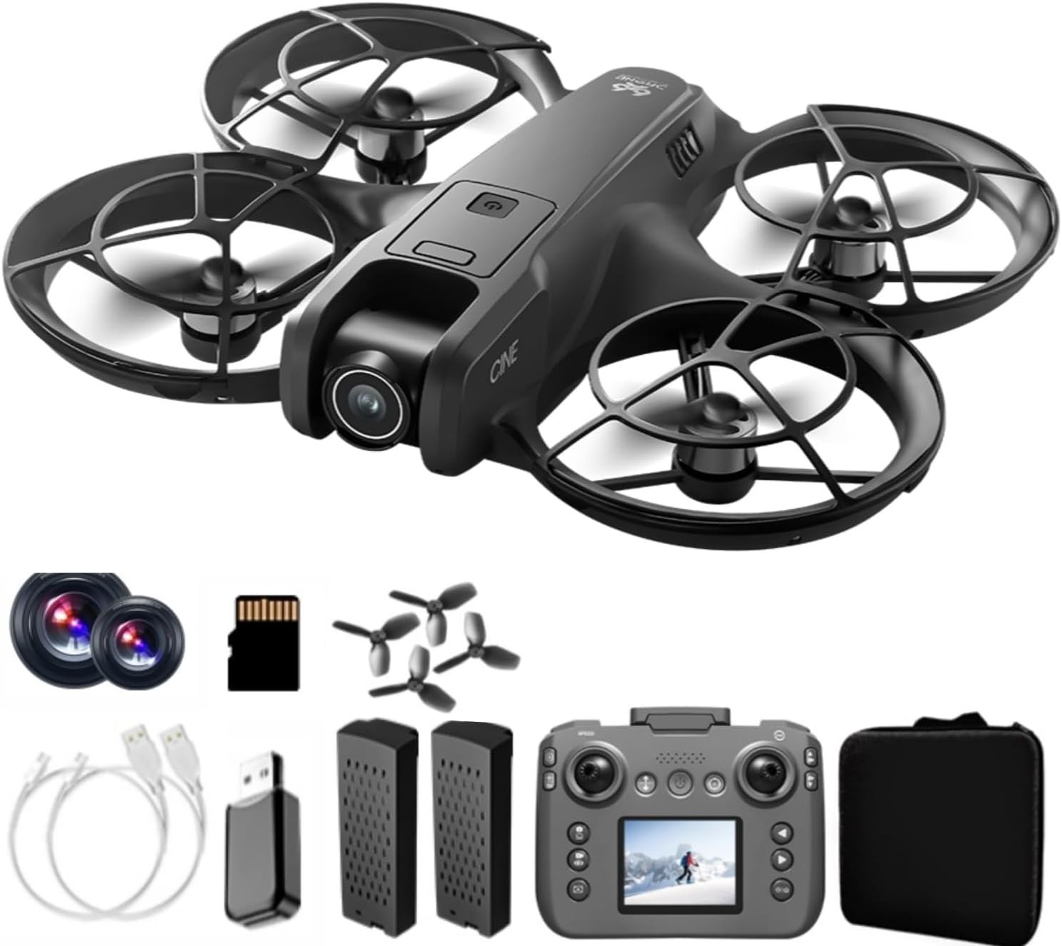 RC Drone With Display Screen, Airplane Helicopter With Dual Cameras (180° Adjustable), 360° Propeller Protection,Optical Flow Positioning, Brushless Motor, One Key Takeoff/Landing, Headless Mode, Emergency Stop,Tail LED Light, Waypoint Flight, Lateral Flight And Turning, Propeller Guard, 2 Batteries, Memory Card, Card Reader, Handbag, Beginner-Friendly FPV Remote Control Plane Copter Quadcopter (Black-Gray)