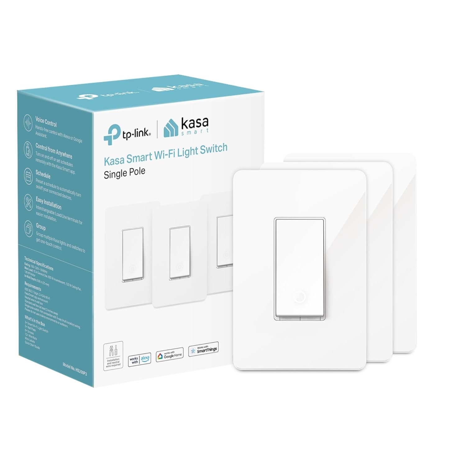 Kasa Smart Light Switch HS200P3, Single Pole, Needs Neutral Wire, 2.4GHz Wi-Fi Light Switch Compatible with Alexa and Google Home, UL Certified, No Hub Required, 3 Count -Pack of 1 , White