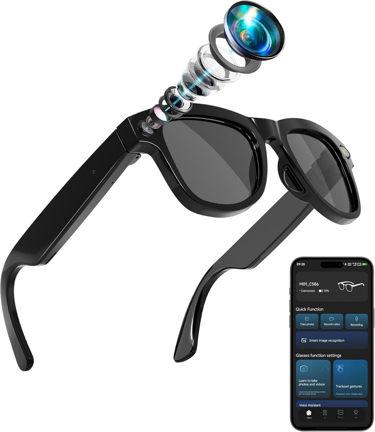 4-in-1 AI Smart Glasses, 800W HD Camera Glasses, 1080P Video Recording Glasses, Built-in ChatGPT AI Voice Assistant, Real-time Translation, Open-Ear Audio for Travel & Meetings