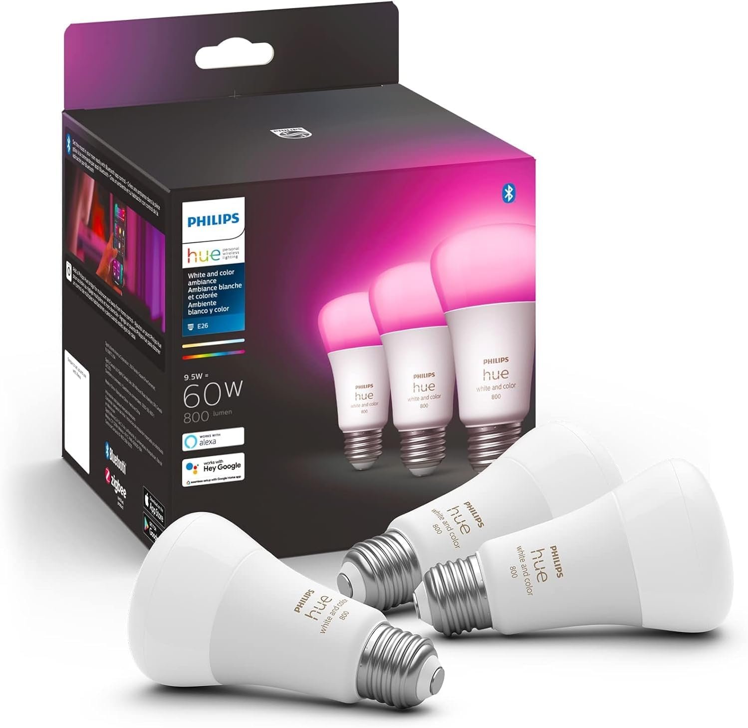 Philips Hue A19 LED Smart Light Bulb – White and Color Ambiance – 60W Indoor Light Bulb – Control with Hue App – Works with Alexa, Google Assistant and Apple Homekit – 3 Pack
