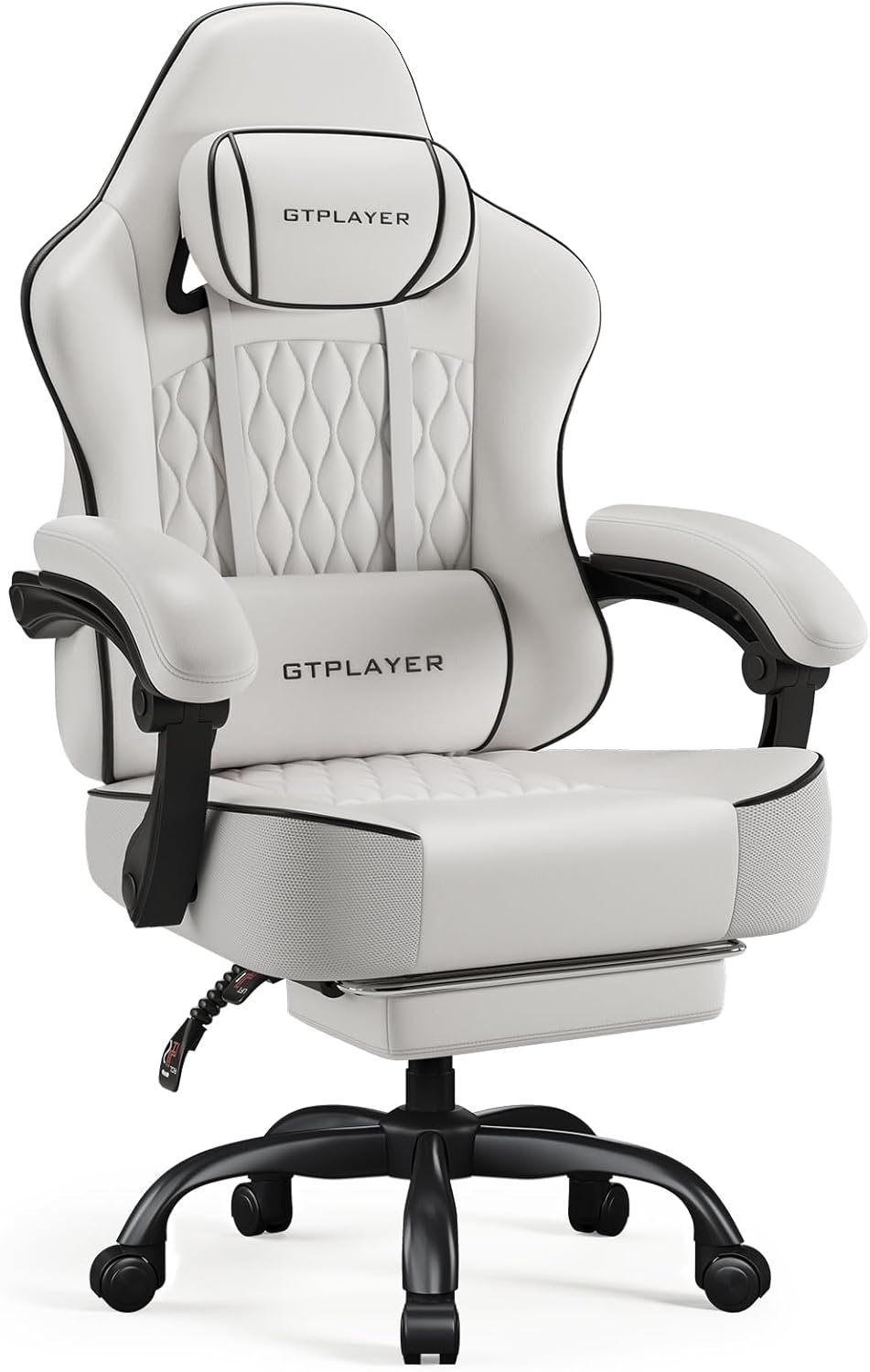 GTPLAYER Big and Tall Gaming Chair with Footrest, Ergonomic Office Desk Chair with 4.4in Thick Cushion and Wide Wingless Seat, Comfortable Leather Computer Chair, Predator Series, White