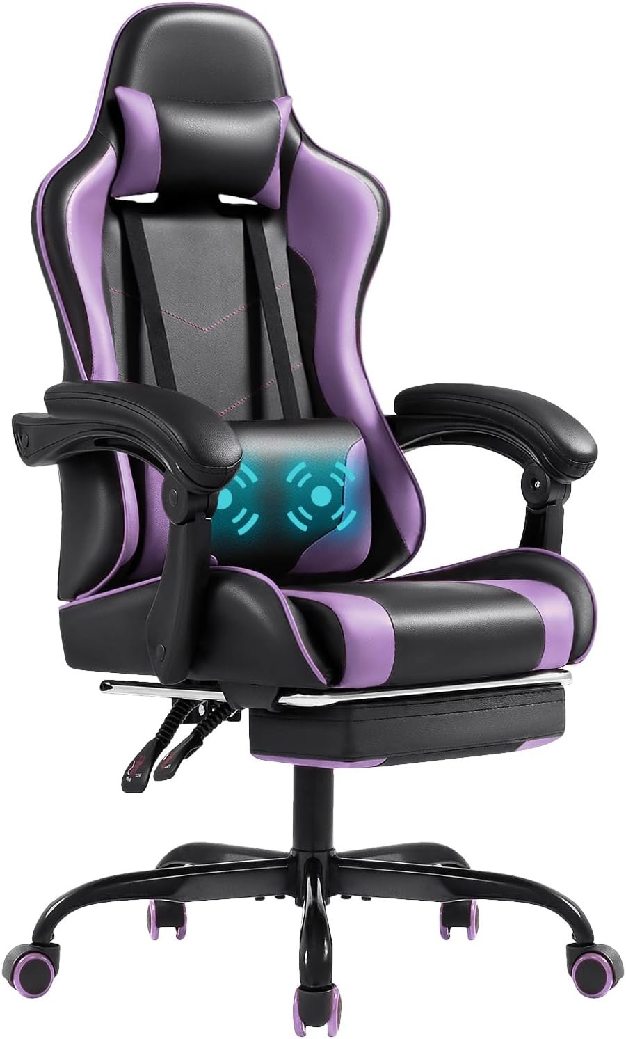 Shahoo Gaming Chair with Footrest and Massage Lumbar Support, Computer Chairs, Video Racing Seat Height Adjustable with 360°Swivel and Headrest for Office or Bedroom, Purple