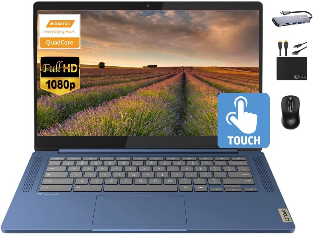 Lenovo Chromebook 14″ Touchscreen Slim Laptop Business Student, 8-Core MediaTek Kompanio 520, 4GB RAM, 128GB Storage (64GB eMMC+64GB Card), WiFi 6, Long Battery, Chrome OS+MarxsolAccessory