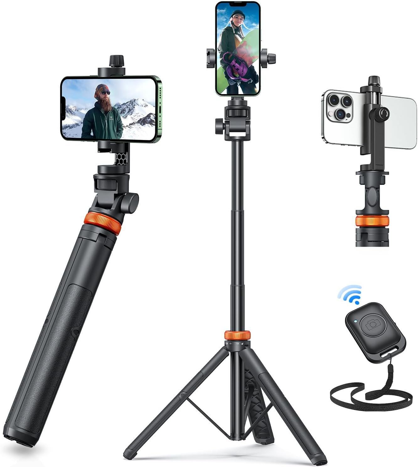 EUCOS 62″ Phone Tripod, Tripod for iPhone & Selfie Stick with Remote, Extendable Cell Phone Stand & Ultimate Phone Holder, Solidest Phone Stand Compatible with iPhone/Android