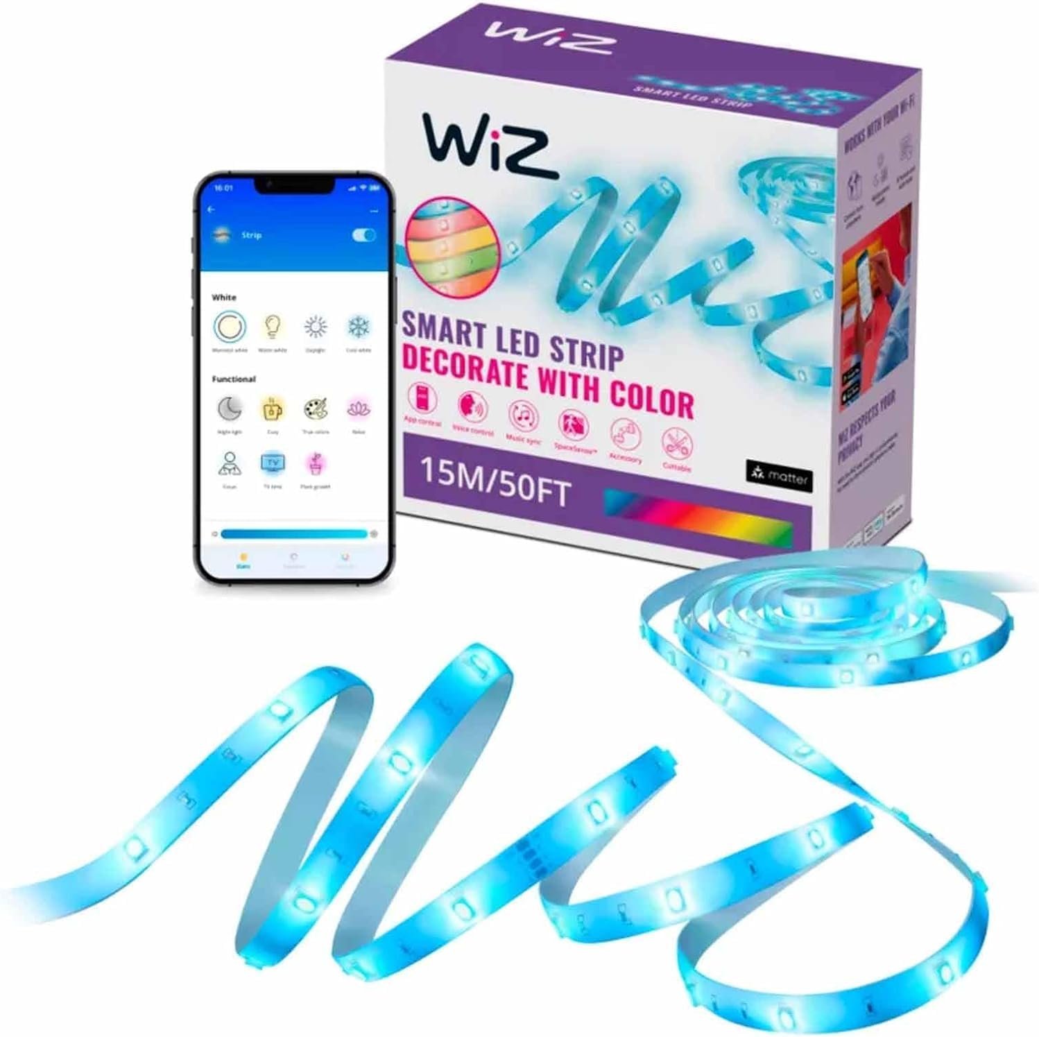 WiZ Connected Smart Light Strip, Sunset/Sunrise Automation, Preset Modes, Control with Voice or App, Full Color RGB Lighting, Voice Control, 50ft Cut to Fit