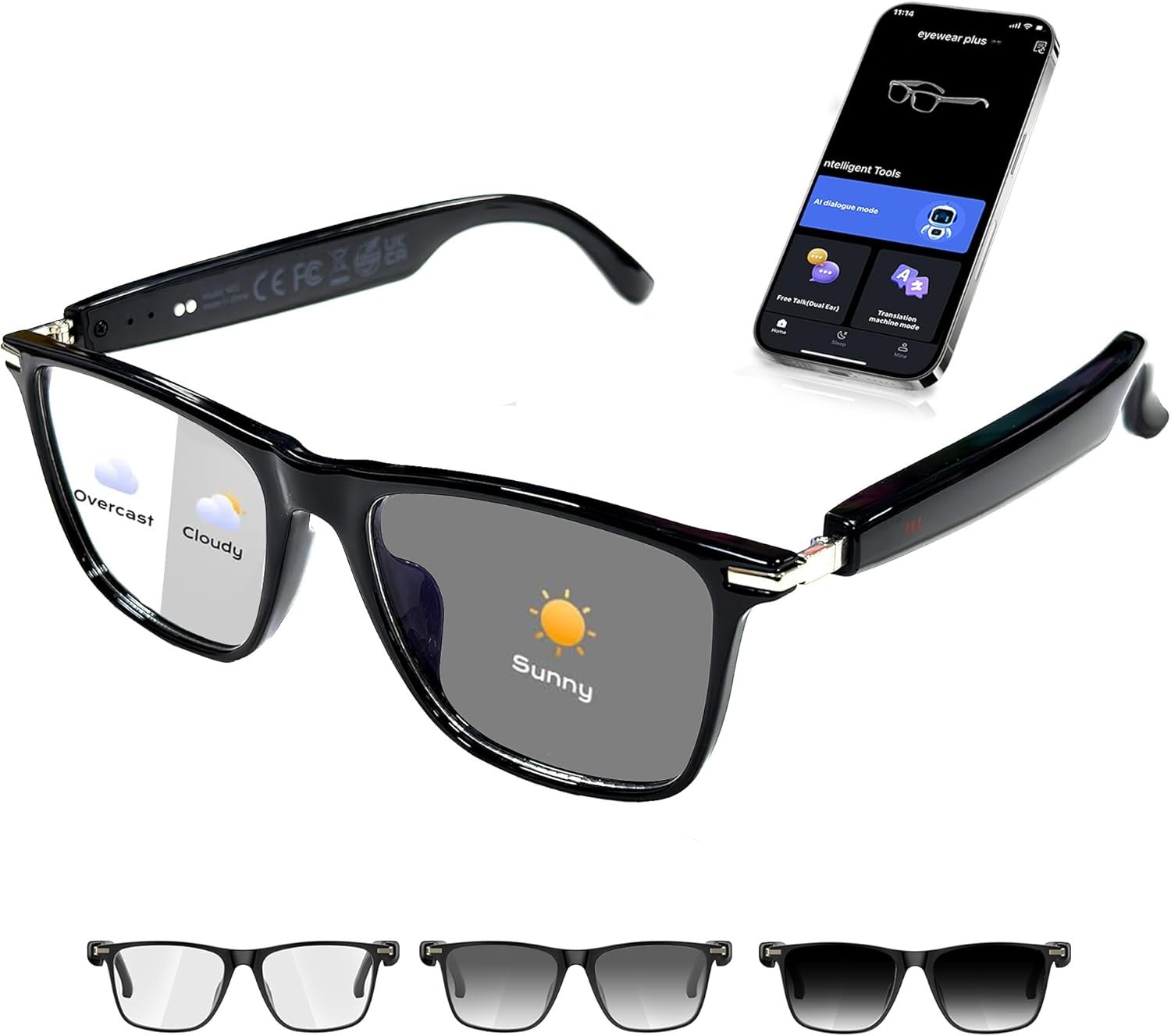 AI Smart Glasses,AI Chat Deepseek R1 and Gemini-2.5 with 164 Translations Supported,Bluetooth Glasses for Men Women,Music Playback & Hands-Free Calling,Physical Color Changing Lens,IP67 Waterproof