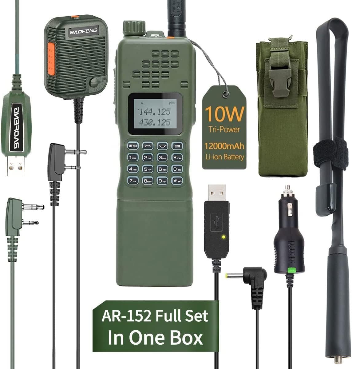 Baofeng AR-152 Military Grade 10 watt Ham Walkie Talkies for Adults,Long Range Rechargeable Tactical Radio with Green Speaker Mic and Tactical Antenna Full baofeng Accessories