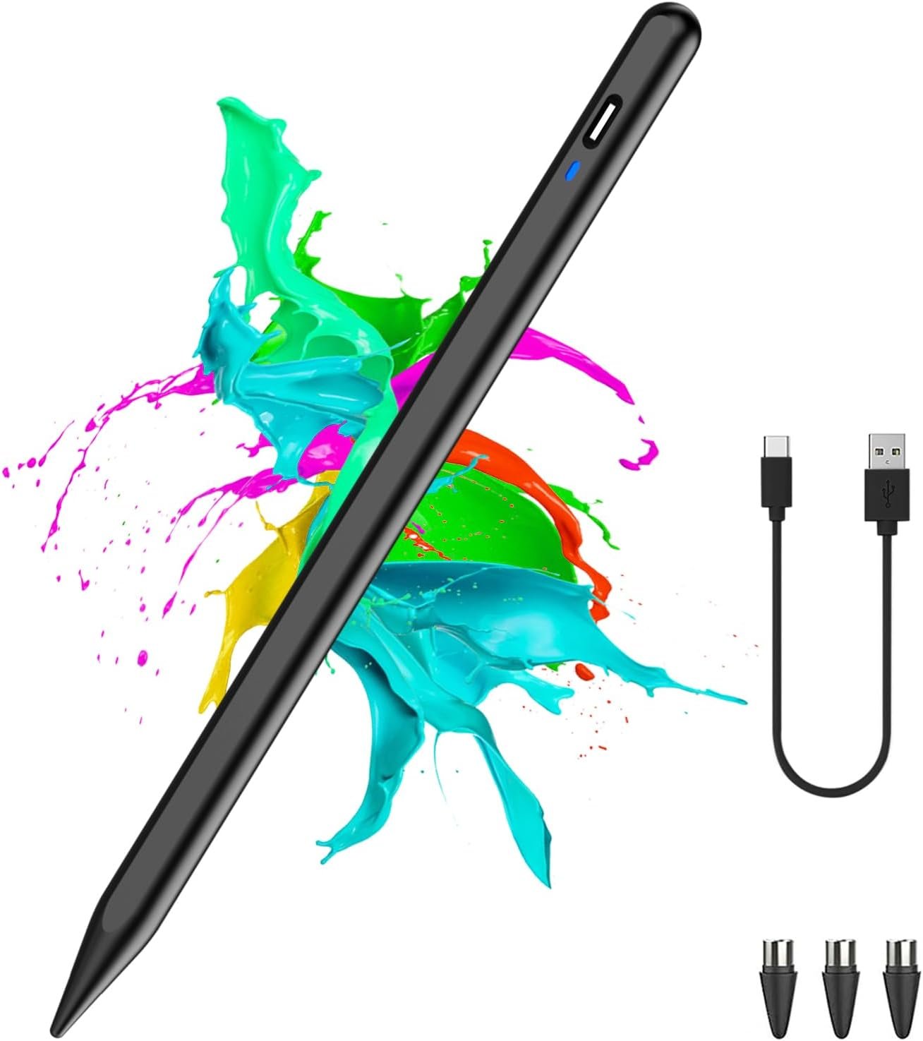 Stylus Pen for Android Tablet, Pom Tip Tablet Pencil for ios/Android,Rechargeable Active Stylus Pen for iPhone /Samsung/XiaoMi/Huawei/Vivo/Lenovo and Other Android Smartphones and Tablets-Black