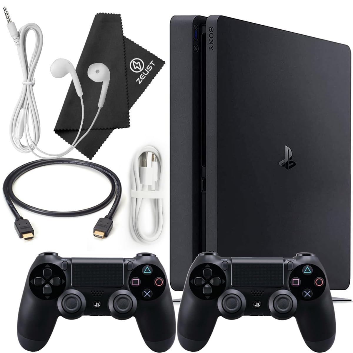 PlayStation 4 Slim 500GB Console Bundle – Includes the PS4 Slim Console 500GB, 2 Dualshock 4 Wireless Controllers, MicroUSB Charging Cable, HDMI cable, Wired Earbuds and Microfiber Cloth (Renewed)
