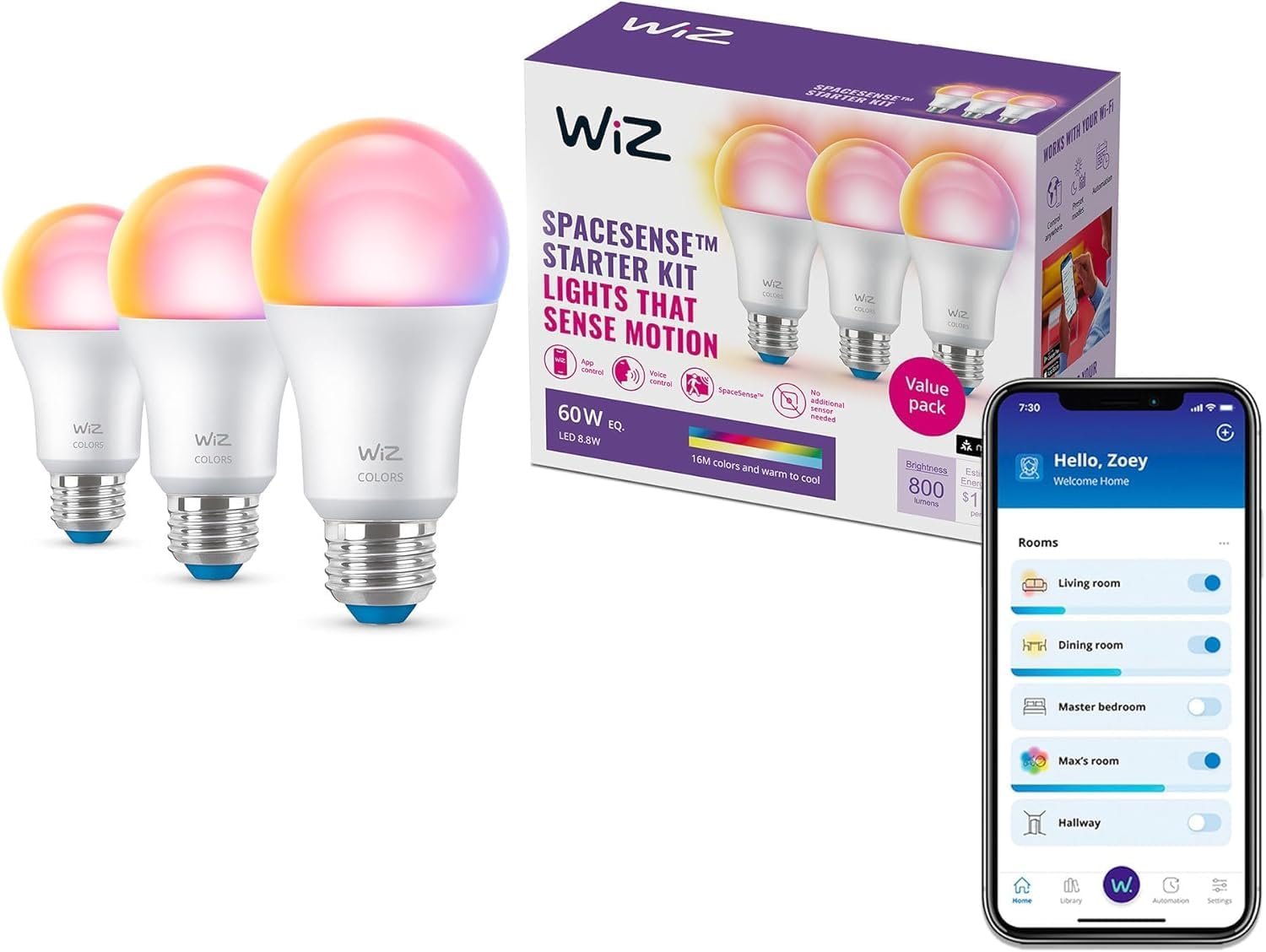 WiZ Connected Smart Light Bulbs, Sunset to Sunrise Automation + Motion Detection + Control with Voice or App, Full Color A19 60W 800LM Indoor, Matter Compatible -3 Pack