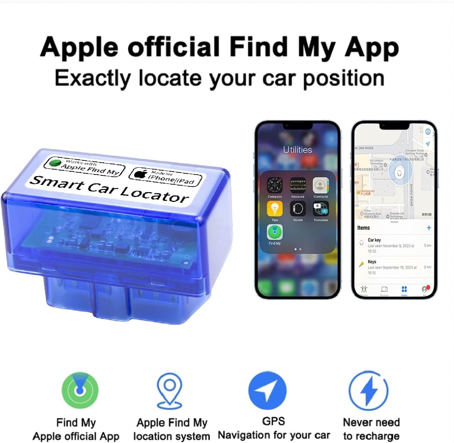 OBD Ⅱ Vehicle Tracker Work with Apple Find My Real-time Vehicle Tracking Device OBD Anti-Lost Device Finder for Cars No Subscription Needed Quick Installation Global Position iOS Only Blue