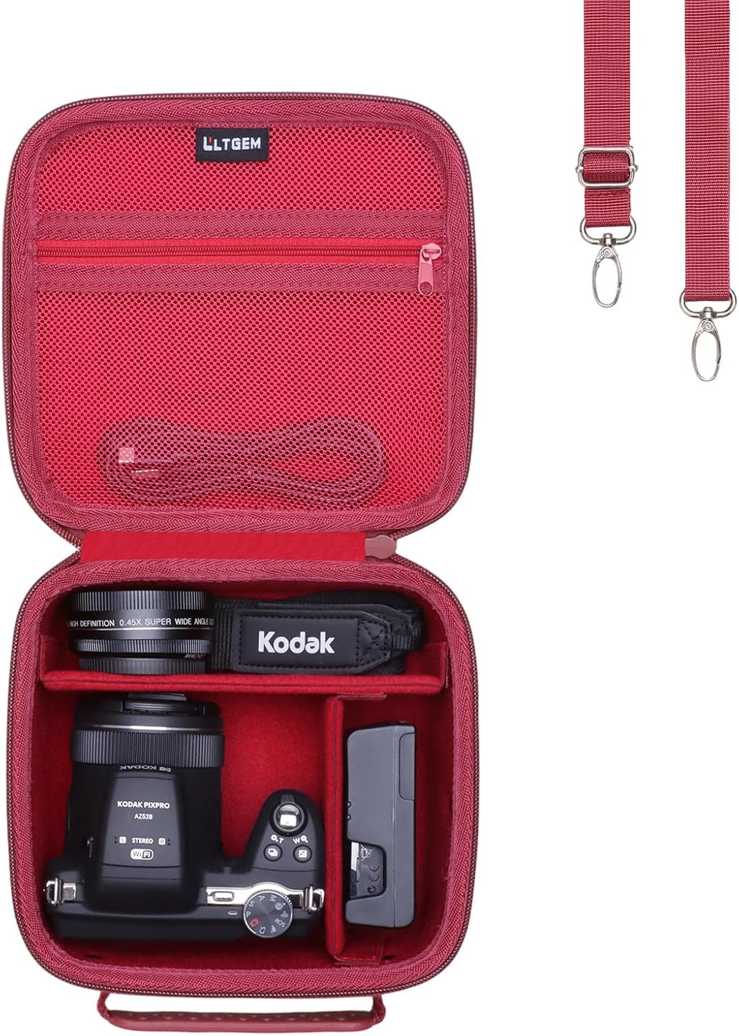 L LTGEM Camera Case Compatible with KODAK PIXPRO AZ425 / AZ255 Digital Camera and Accessories, with 2 Dividers and Shoulder Strap, Red