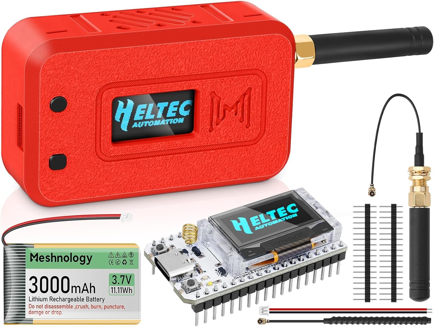 1 Set ESP32 Lo Ra V3 Module Board with 915 MHz Antenna + 3000mAh Battery + Case – Integrated WiFi Blue Tooth SX1262 CP2102 0.96” OLED Display Type C for Ar duino Lora Mesh Tastic IOT (N35, Red)