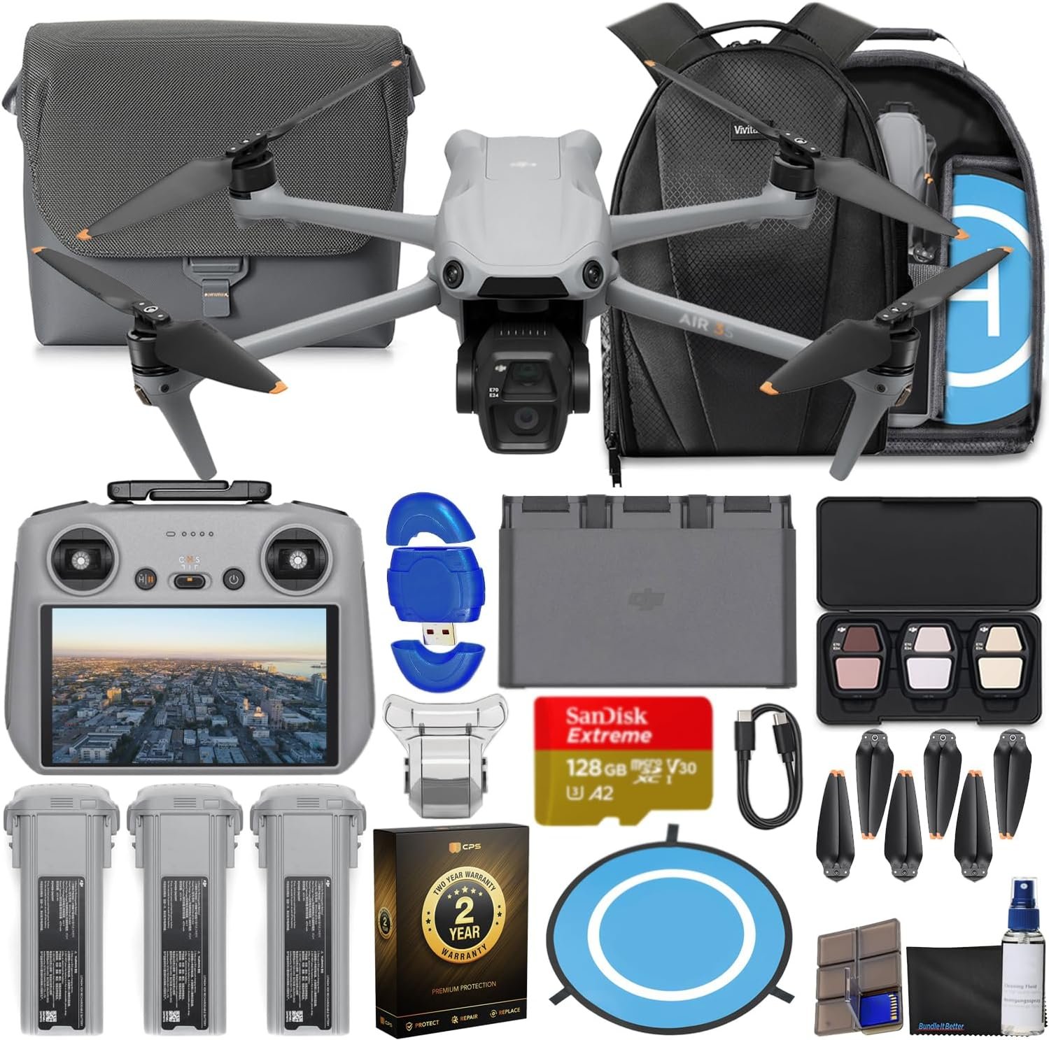 DJI Air 3S Drone with RC 2 Fly More Combo (with Screen) 4K HDR, 45-Min Max Flight Time Bundle with 128GB Memory, Landing Pad, Backpack, CPS 2 Year Warranty, Lens Cleaning Kit and More