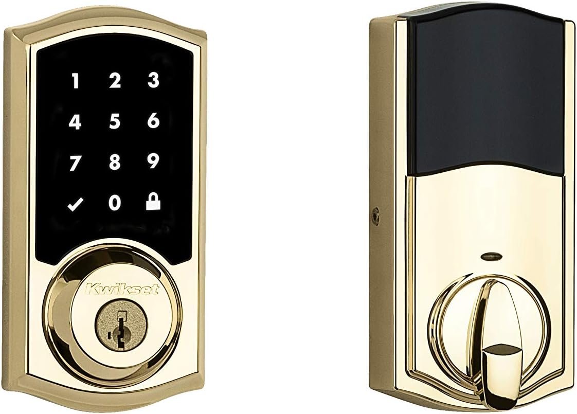 Kwikset 916 Keyless Entry Touchscreen SmartCode Electronic Deadbolt Smart Lock featuring SmartKey Security and ZigBee 3.0 Technology in Traditional Polished Brass, Zigbee Hub sold seperately