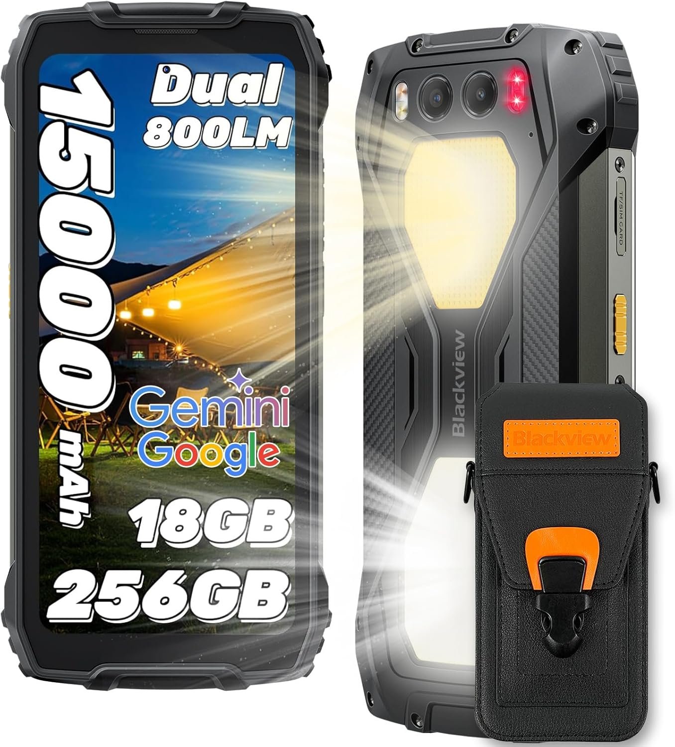 Blackview BV7300 Rugged Phone 2025(Dual 800LM Camping Lights), 18GB+256GB/SD 2TB, Android 14 Gaming Phone, 15000mAh+45W Rugged Smartphone, 50MP+30MP Night Vision Camera, NFC/Fingerprint/Dual SIM/GPS