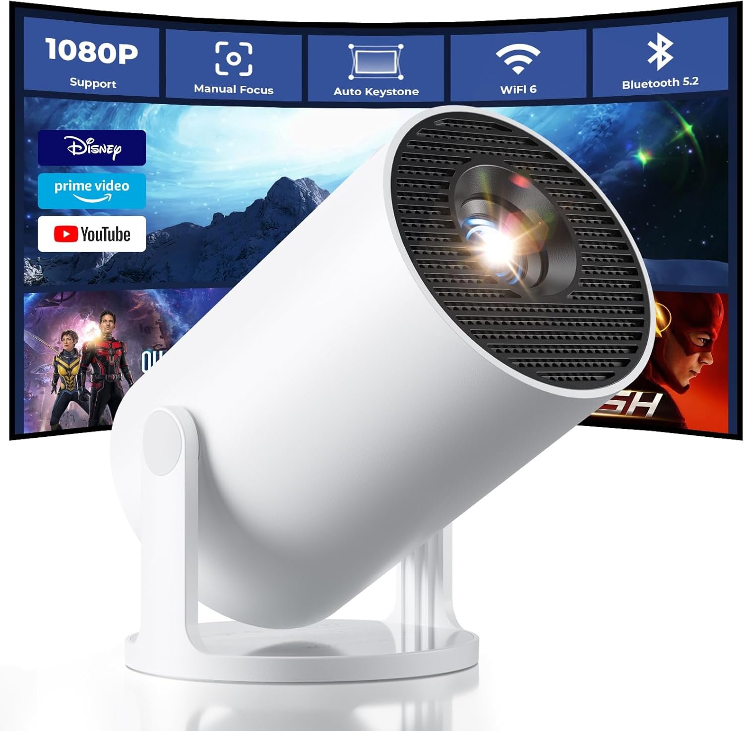 CLOKOWE Mini Projector with WiFi and Bluetooth, Built-in Apps, Smart Portable Projector with 180° Rotation, Auto Keystone, Support 1080P, Compatible with HDMI/USB/TV Stick/Smartphone/Laptop