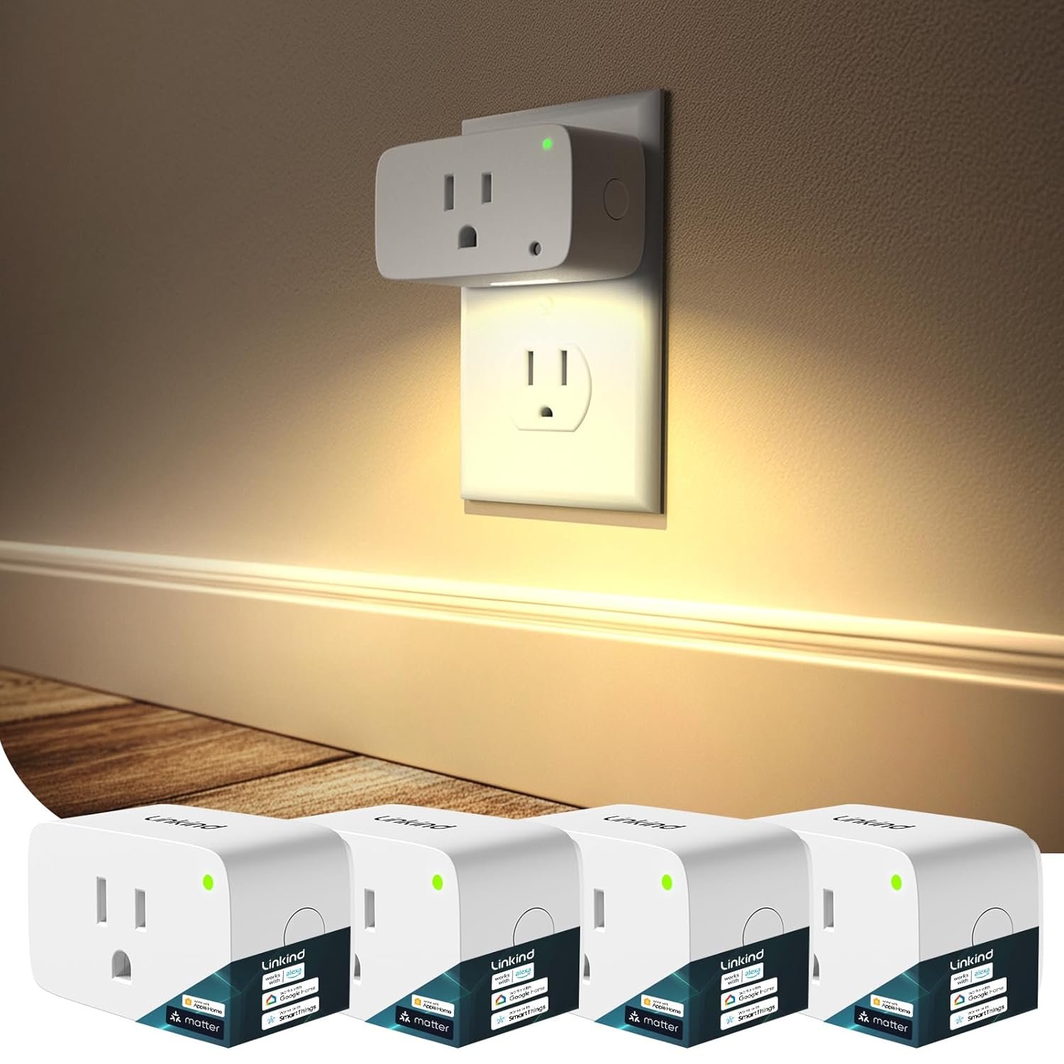 Linkind Matter Smart Plug with LED Night Light, Work with Alexa, Apple Home, Google, Smart Outlet 15A/1800W, Dusk to Dawn, Plug in Wall, Timer&Schedule, ETL&FCC Certified, 2.4GHz Wi-Fi Only, 4 Pack