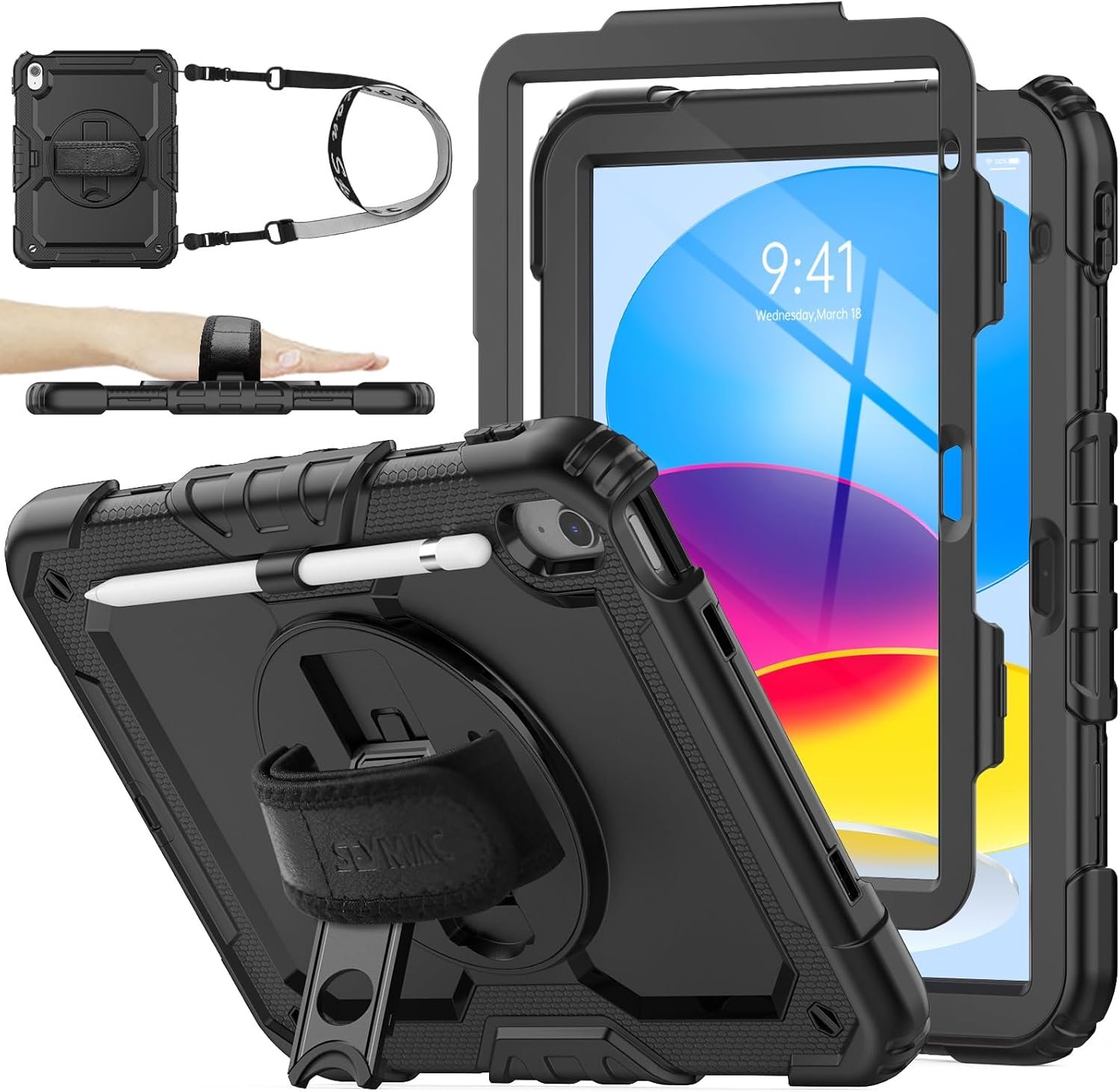 SEYMAC stock Case for iPad (A16) 11th/10th Generation 11”/10.9” 2025/2022, Full-Body Drop Protection Case with Screen Protector &360° Rotate Hand Strap/Stand, Black