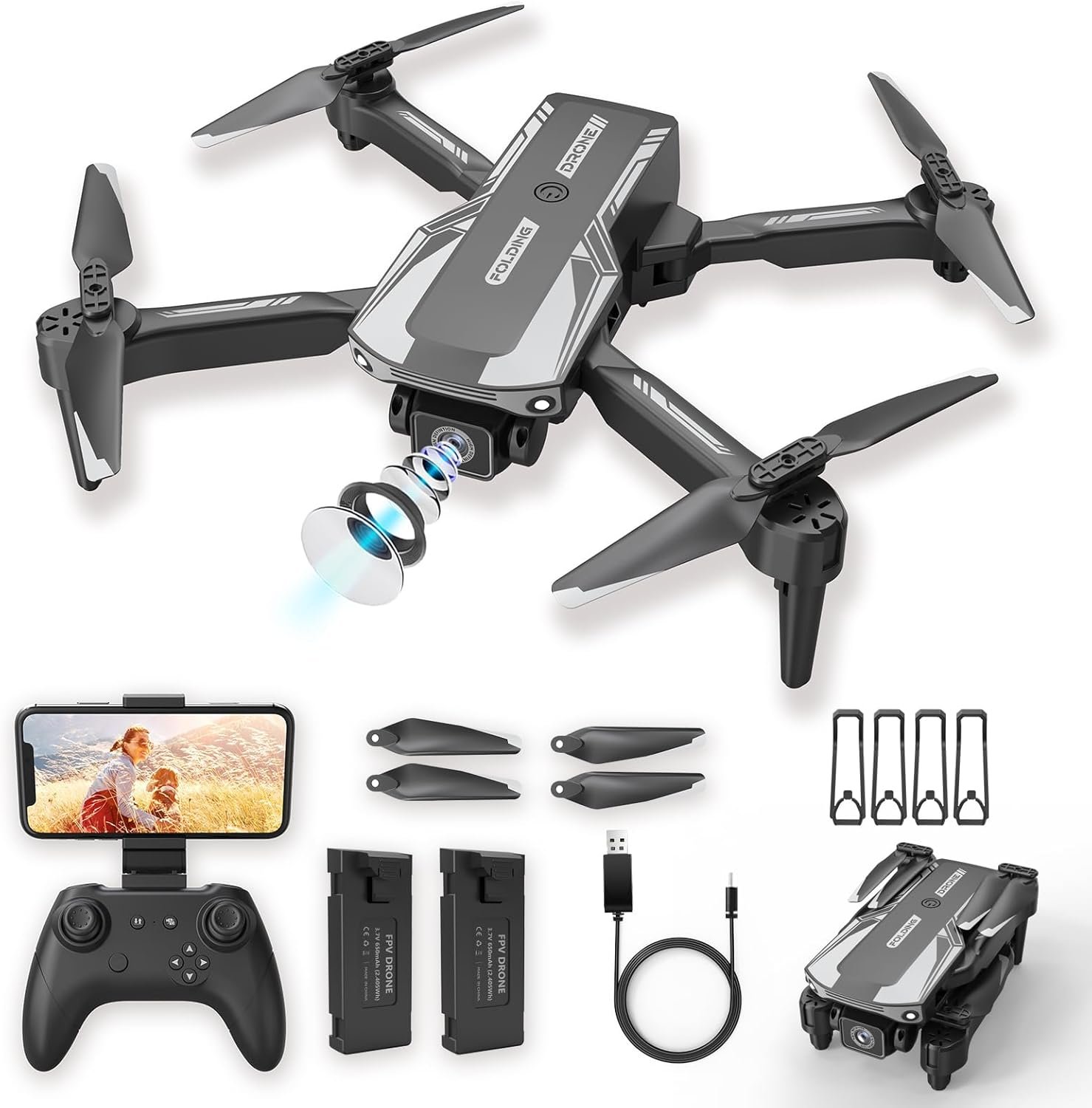 Drones For Kids Beginners – Foldable HD 1080P Drone with Camera,Wifi Remote Control And 2 Batteries, RC Quadcopter with Gestures Selfie,One Key Start,360° Flips,Full Guards,Headless Mode,Boys Toys/Gifts(Charcoal)