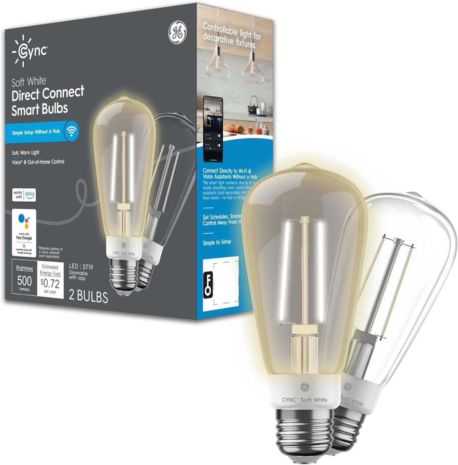 GE CYNC Smart LED Light Bulb, ST19 Edison Style, Works with Amazon Alexa and Google Home, WiFi Light, Soft White, 60W Equivalent, (Pack of 2)