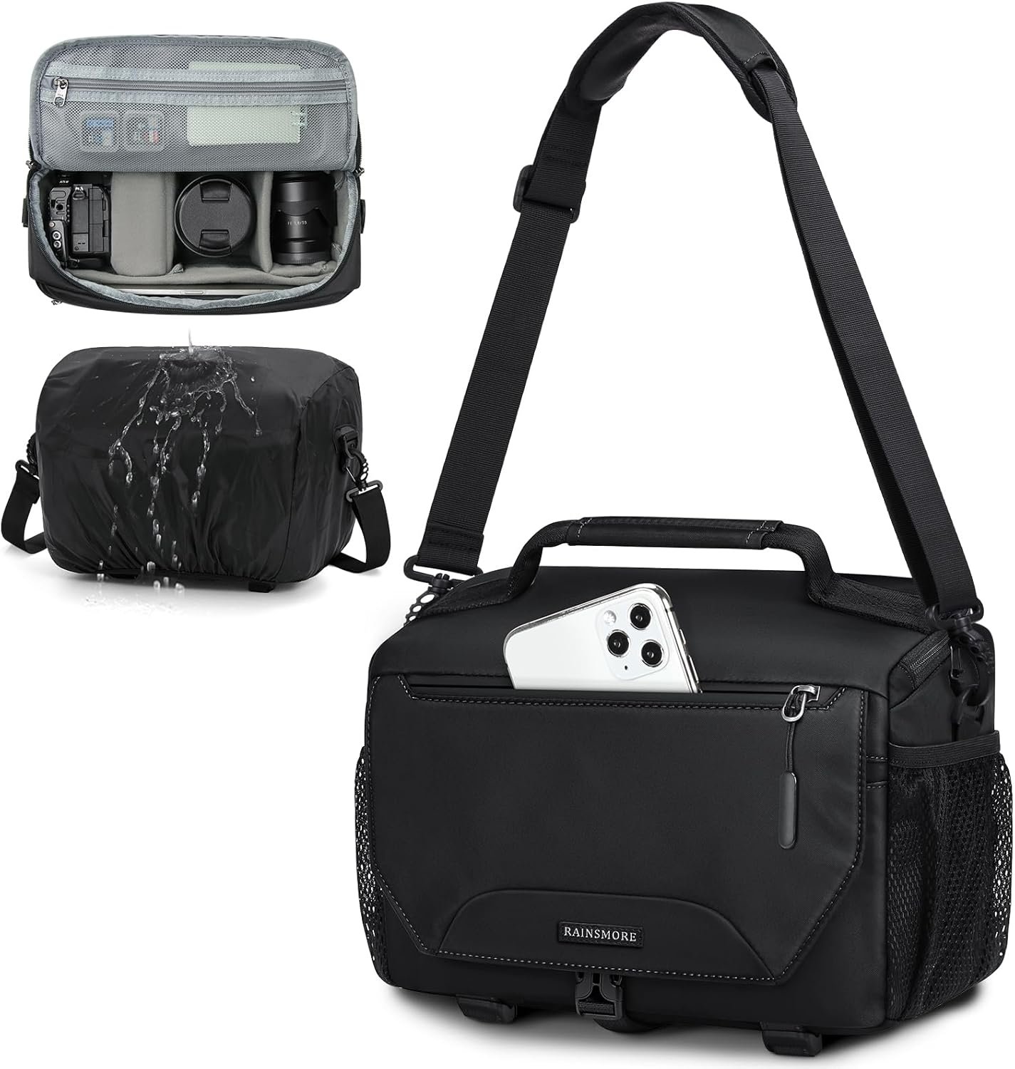 RAINSMORE Camera Bag, Small DSLR/SLR/Mirrorless Camera Sling Bag Waterproof Camera Case with Tripod Holder & Rain Cover Compact Crossbody Camera Bags for Photographers Everyday Shoulder Bags, Black