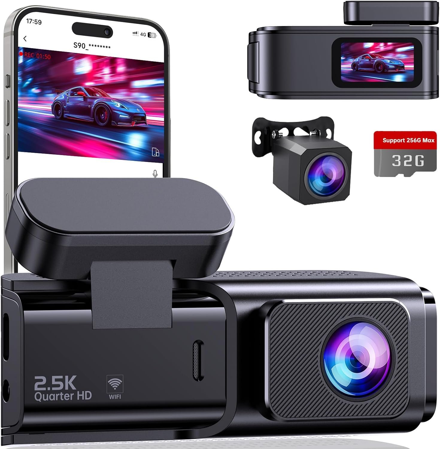 Dash Cam Front and Rear, 2.5K+1080P Dual Dash Camera for Cars, Ecomoment Car Camera with 1.47″ IPS Screen, Built-in Wi-Fi, 170° Wide Angle, Night Vision, G-Sensor, 24H Parking Mode, 32GB Card Included