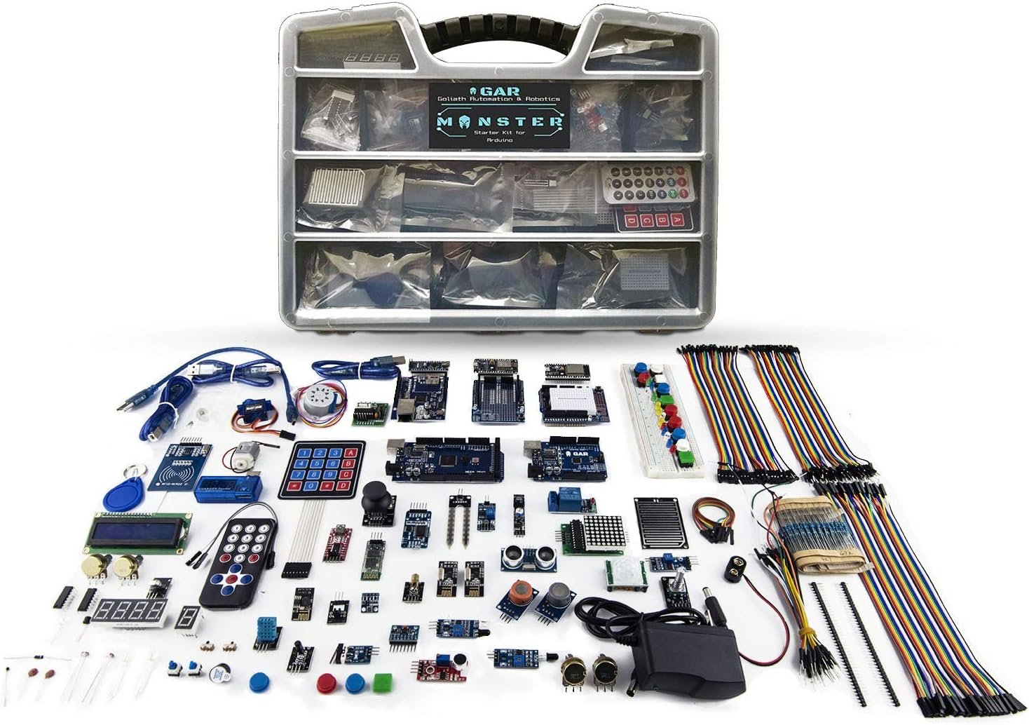 GAR Monster Starter Kit for Arduino – Robotics & IoT Development| Comprehensive 5-Board Set: Uno R3, Mega 2560, Nano V3, ESP32 WiFi+BT, ESP8266 NodeMCU | 25 Sensors, Tutorials & Organizer Toolbox
