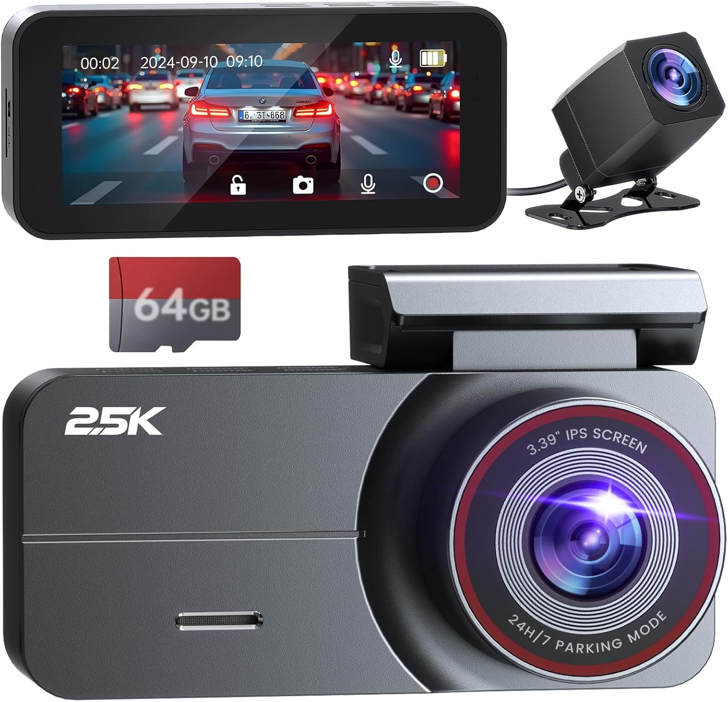 Dash Cam Front and Rear, 2.5K /1080P QHD Dual Dash Camera for Cars, Super Night Vision Dashcam, Loop Recording, 3.39” IPS, 64GB Card Included, 160° Wide Angle, Parking Mode – Black Pro