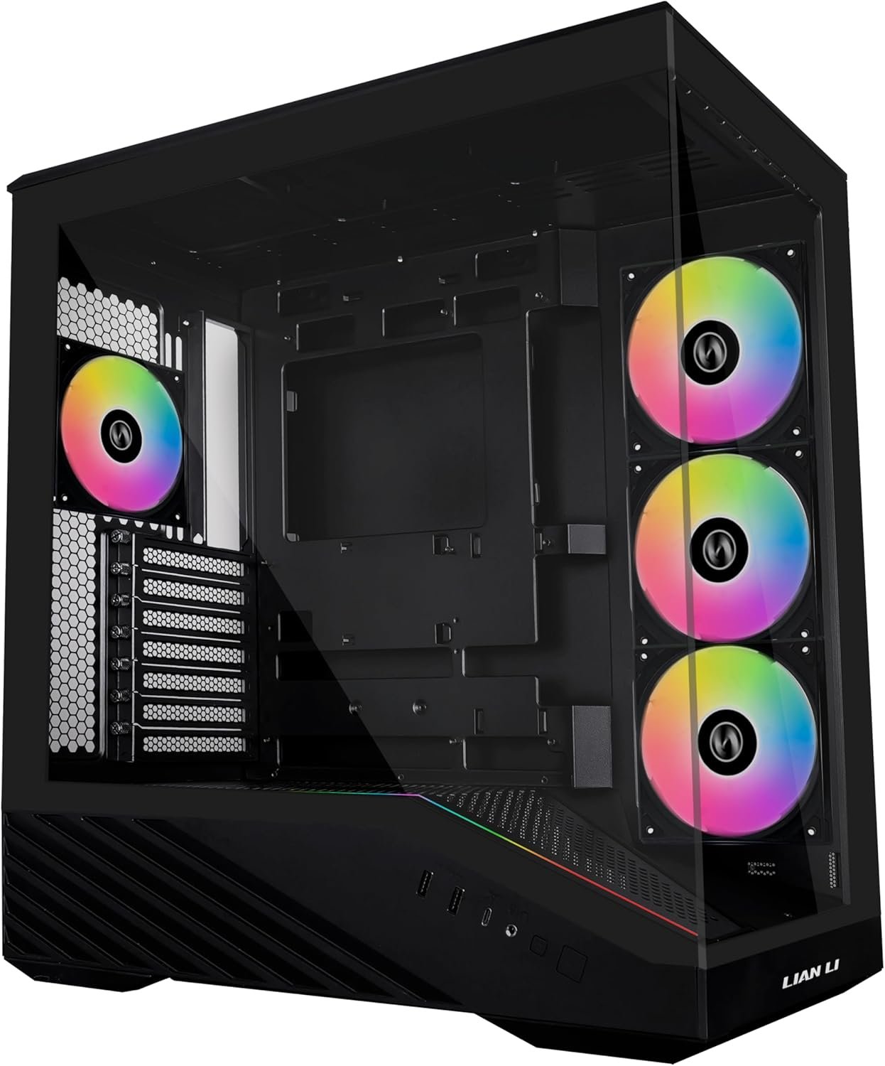 Lian Li V100 ATX Mid-Tower PC Case, 4 x 120mm ARGB PWM Fans Pre-Installed, LED RGB Strip, Display Platform with Tempered Glass, Support 420mm GPUs, 360mm Radiator, Optimized Airflow – Black (V100RX)
