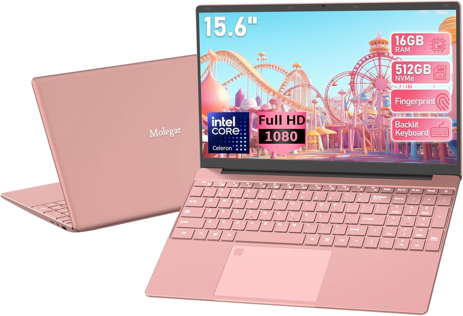 15.6″ FHD Student Laptop Pink,16GB DDR4 RAM 512GB PCIe SSD,Portable Laptop Computer with Backlit Keyboard,180 ° Angle Opening,Fingerprint Reader,6000mAh Battery,Webcam,WiFi 5,BT 4.2,HDMI,USB 3.0