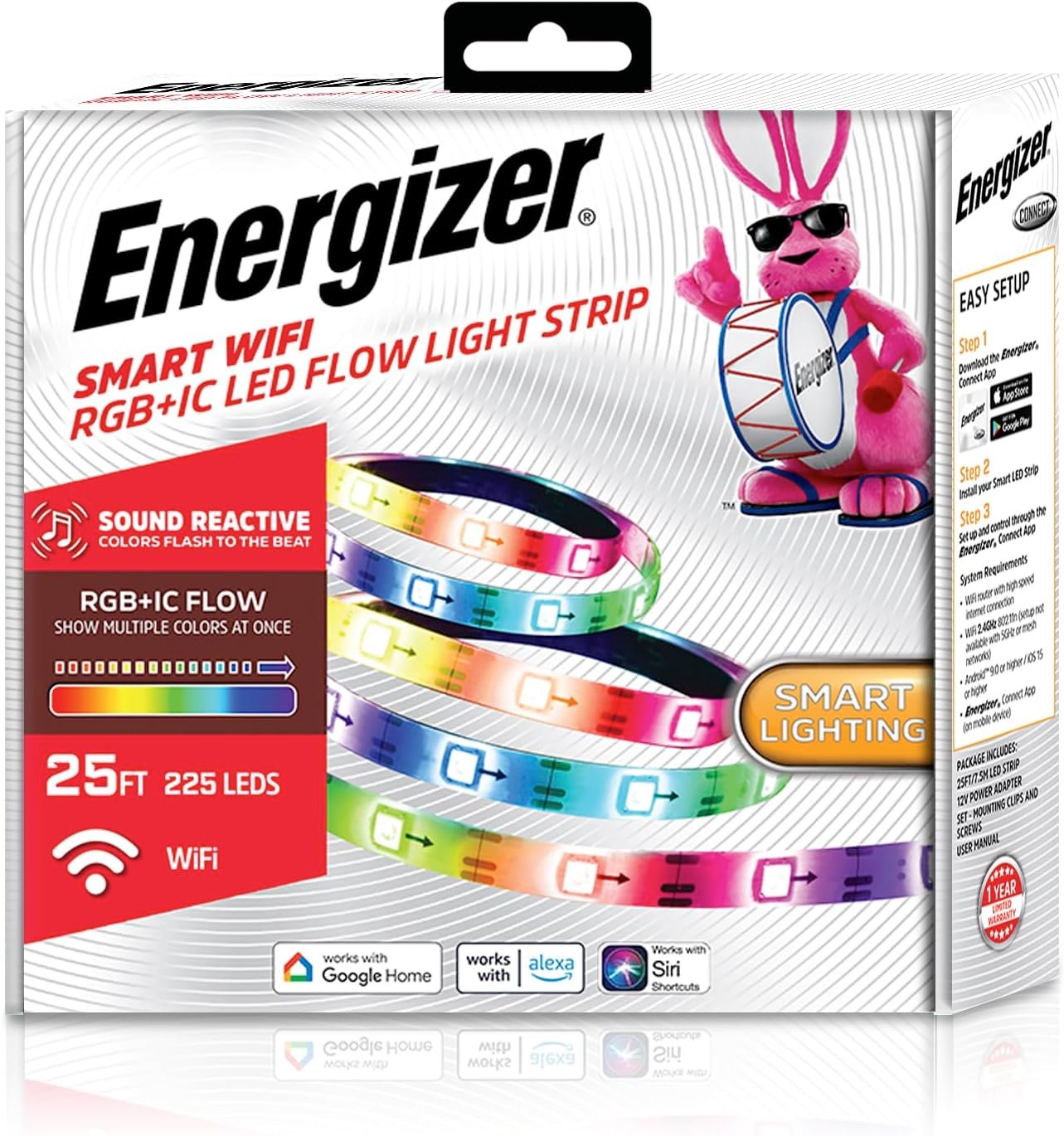 Energizer Smart RGB+IC LED Light Strip, 25 Foot Indoor Wi-Fi Color Flow LED Light Strip, Sound Reactive, Remote Access, Voice Control with Alexa, Siri, Google, Grouping, Scheduling, No Hub Required