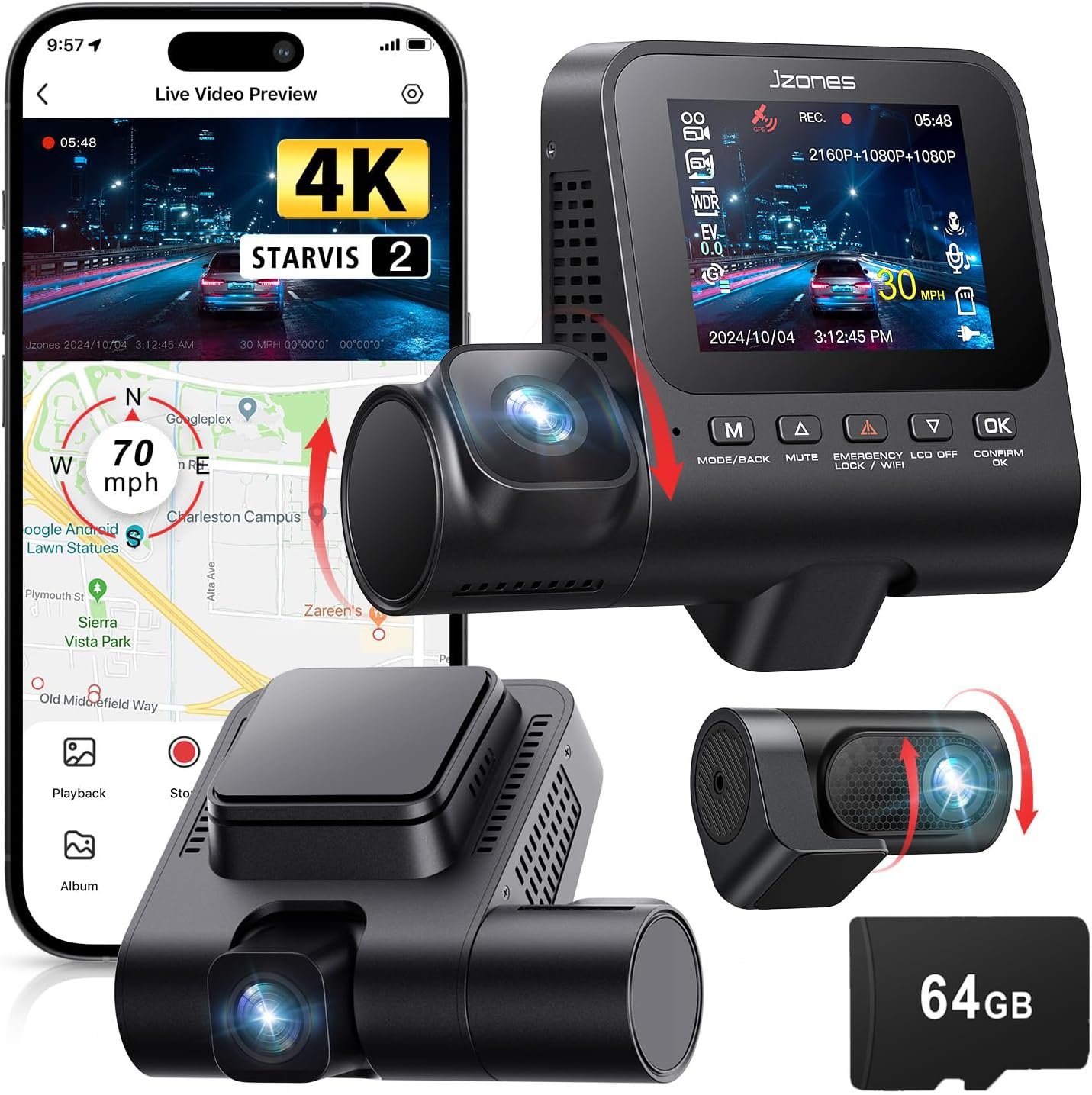 Dash Cam Front and Rear: 4K+1080P+1080P 3 Channel Dash Camera for Cars, STARVIS 2 Sensor Dash Camera with HDR Night Vision, 24H Parking Mode Car Camera with GPS, Free 64GB Card