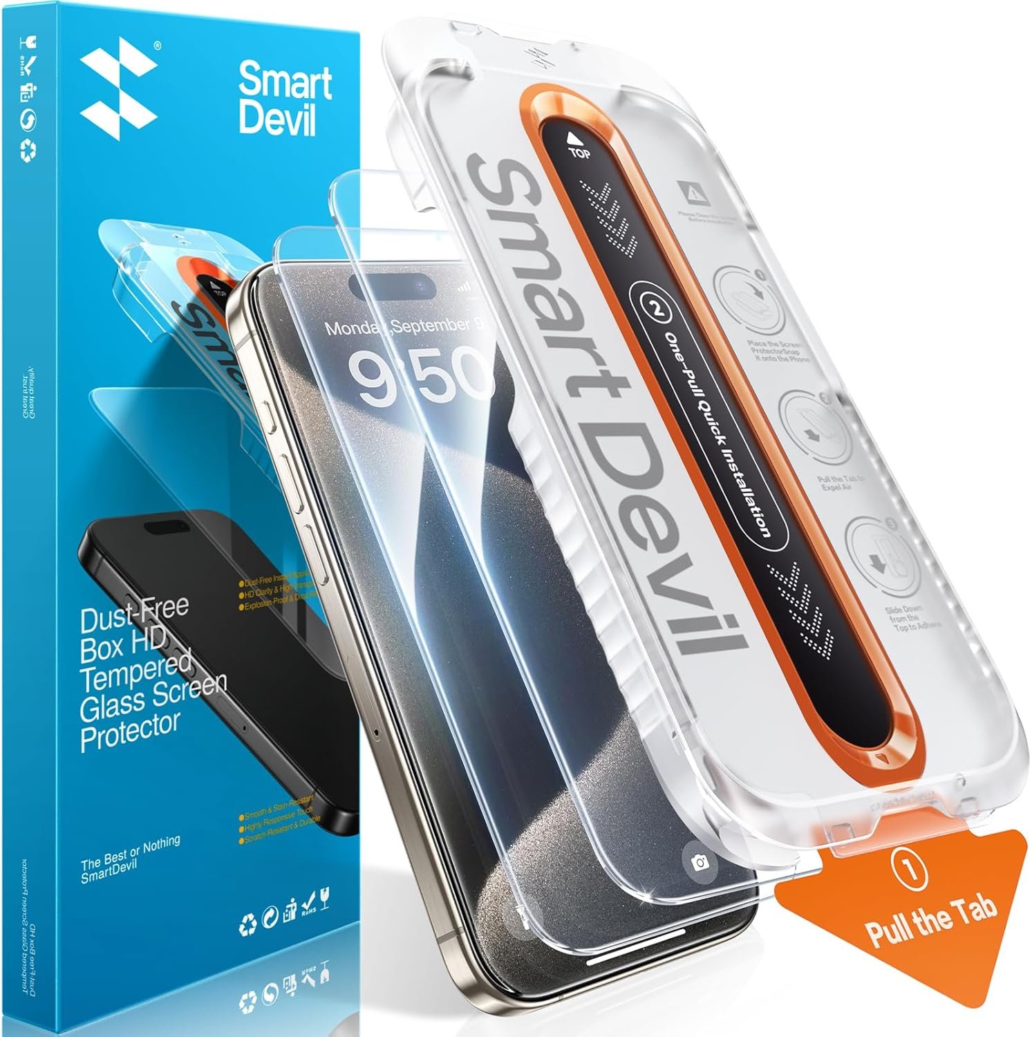 SMARTDEVIL 2 Pack Screen Protector for iPhone 15 Pro, 9H Hardness Military Grade Shatterproof HD Clear Tempered Glass, Easy to Install, Auto Bubble-Free and Dust-Free Box, Case Friendly