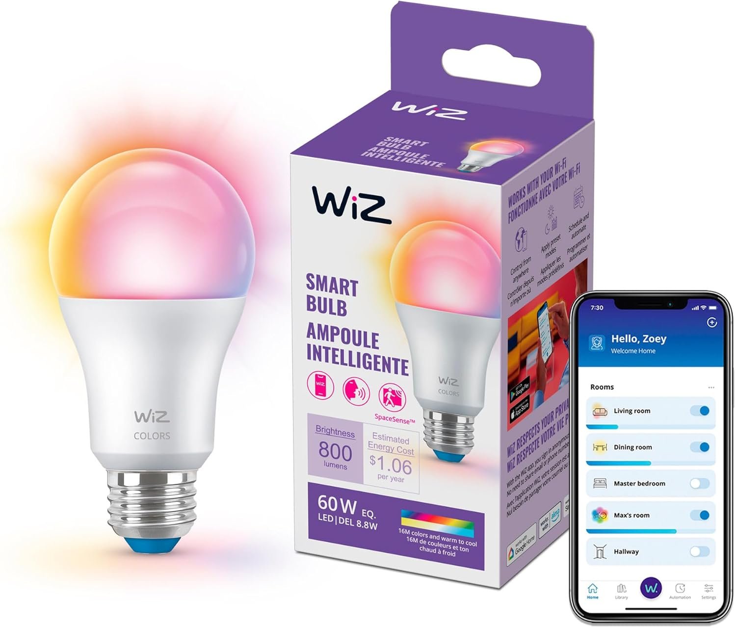 WiZ LED Smart Light Bulbs, Sunset to Sunrise Automation + Motion Detection + Control with Voice or App, Full Color A19 60W 800LM E26 Indoor, Matter Compatible – 1 Pack