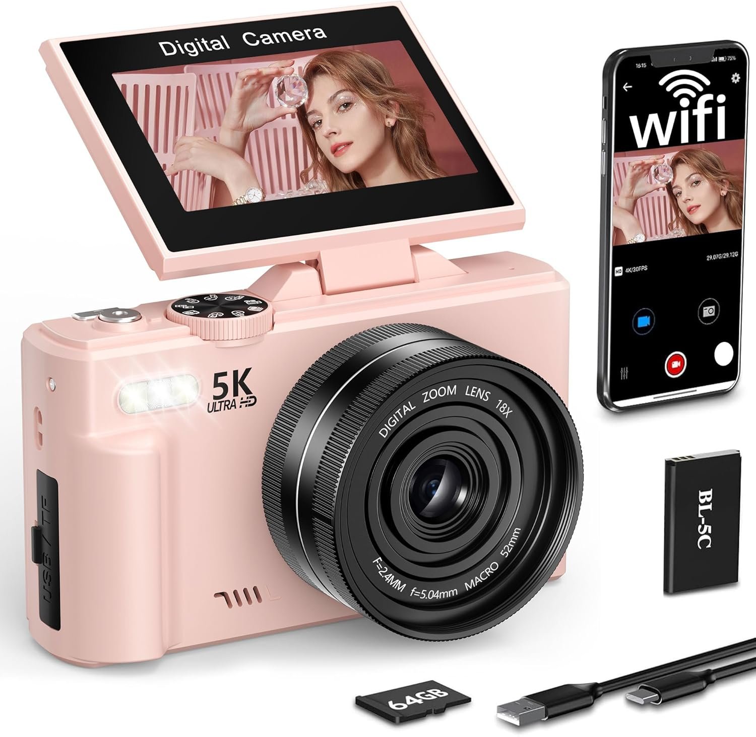 FLATIC Digital Camera, 5K 75MP Cameras for Photography with WiFi & 64GB TF Card, Autofoucs Vlogging Camera for YouTube with 180° Flip Screen, Compact Vlog Travel Camera Kit for Beginner, Teens (Pink)