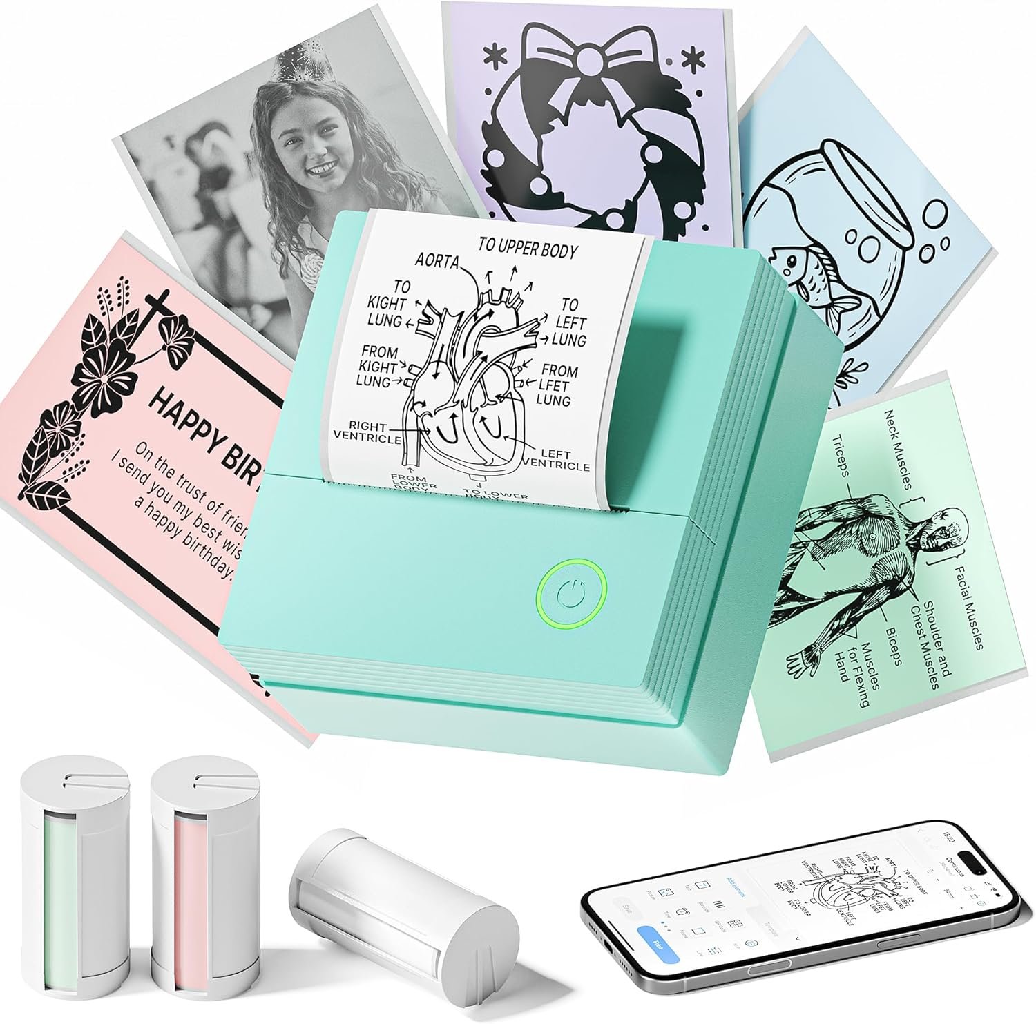 Sticker Printer, PM290 Mini Printer, Bluetooth Sticker Maker Machine with 3 Rolls Paper, Portable Print Pod for Study Notes, Journal, Lists, Pictures, DIY Gifts for School Office Home, Green