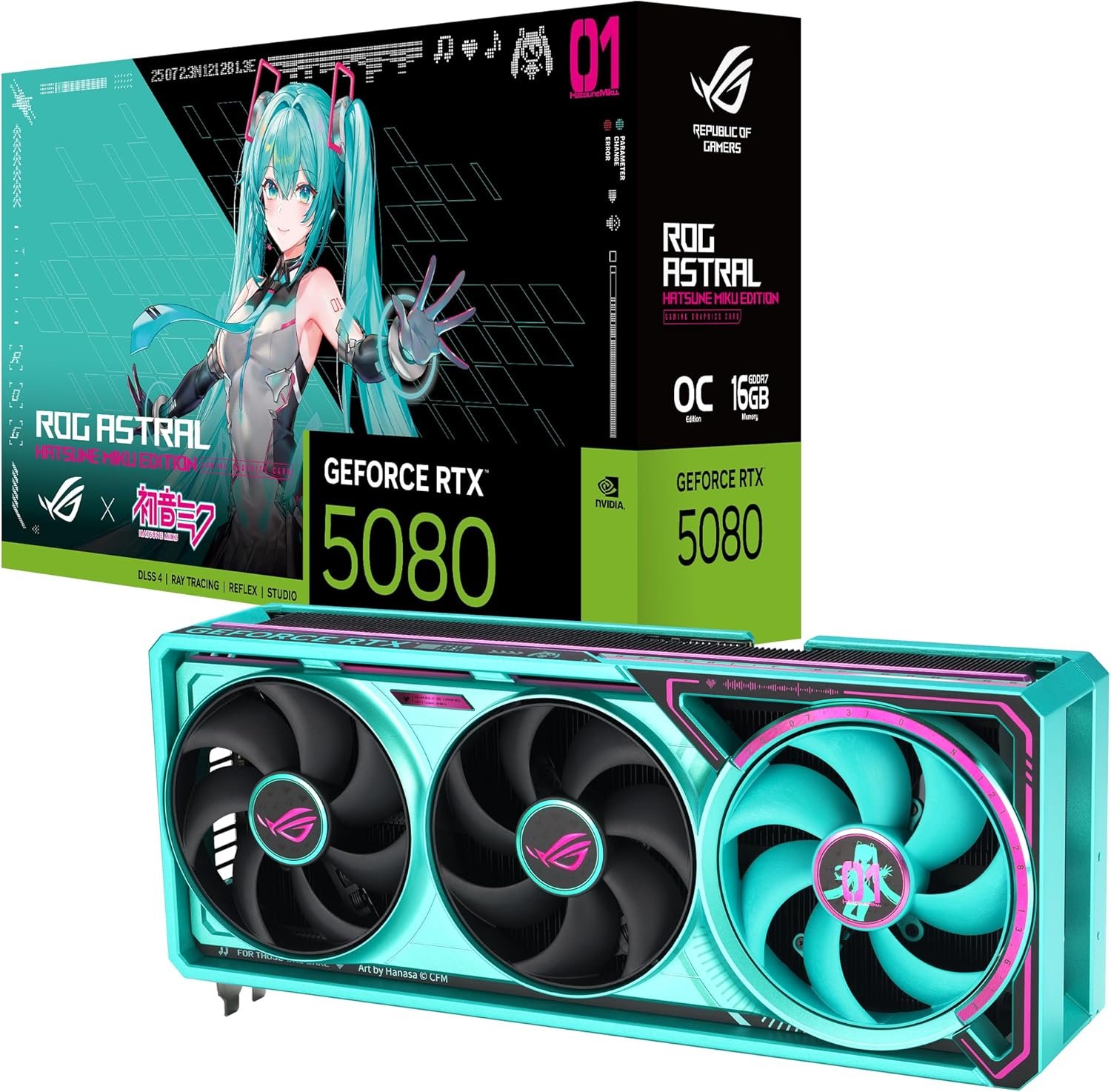 ASUS ROG Astral GeForce RTX 5080 16GB GDDR7 OC Hatsune Miku Edition (PCIe 5.0, 16GB GDDR7, HDMI®/DP 2.1, 3.8-Slot, 4-Fan Design, Axial-tech Fans, Patented Vapor Chamber, Phase-Change GPU Thermal pad)
