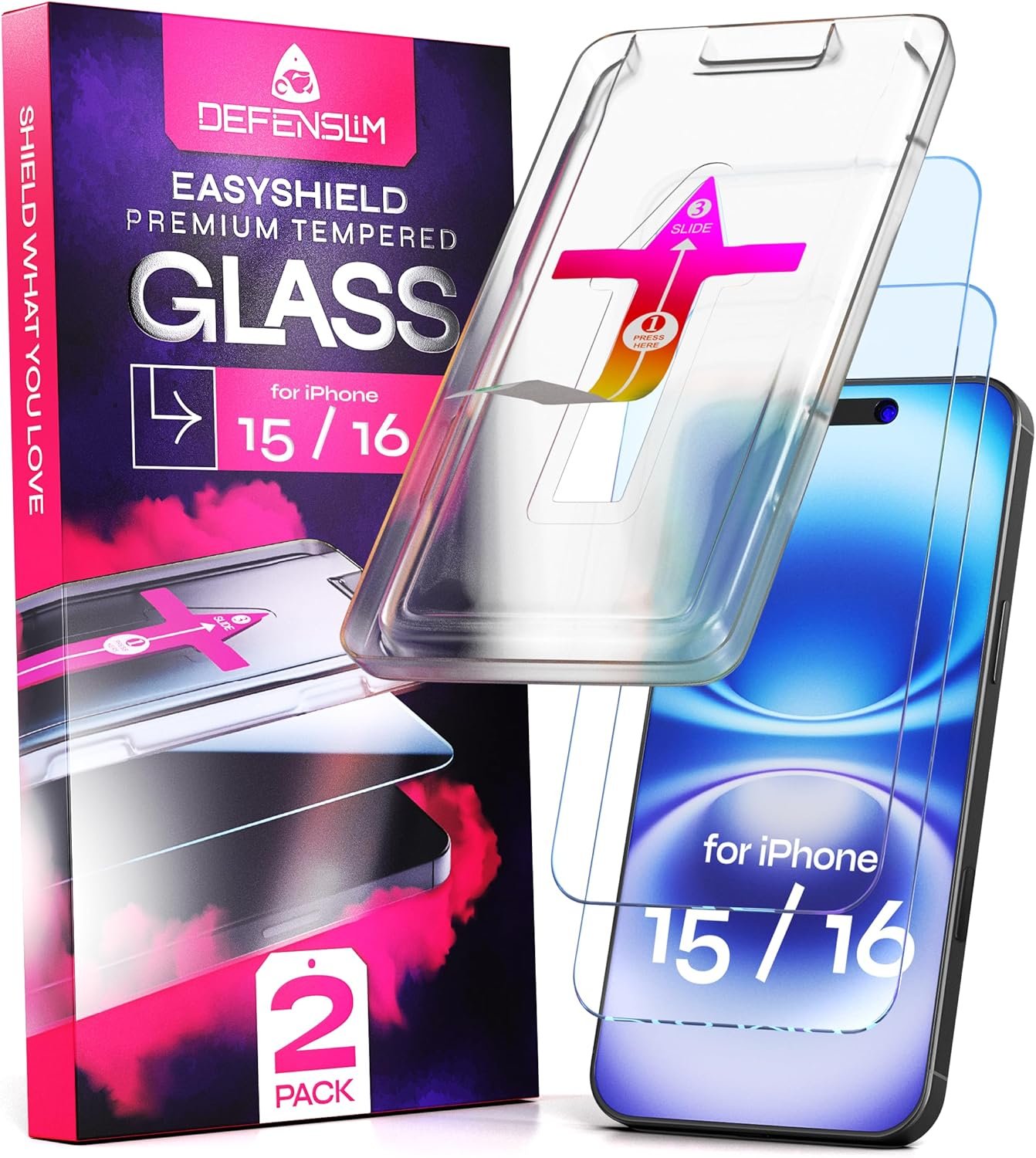 Defenslim Screen Protector for iPhone 15/16 (2Pack), Easy Auto-Align Install Kit, 6.1″ Tempered Glass, 9H Hardness, Ultra HD Clear, Case Friendly, EasyShield