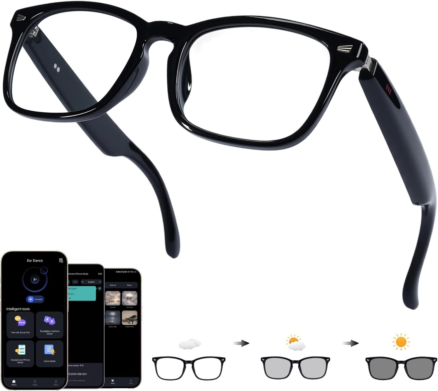 Ai Smart Glasses Bluetooth 5.4 with Translation for Men Women 160+Languages Color-Change Lens Chat GPT Assistant Free App Translator Glasses Meeting,Driver,Travel