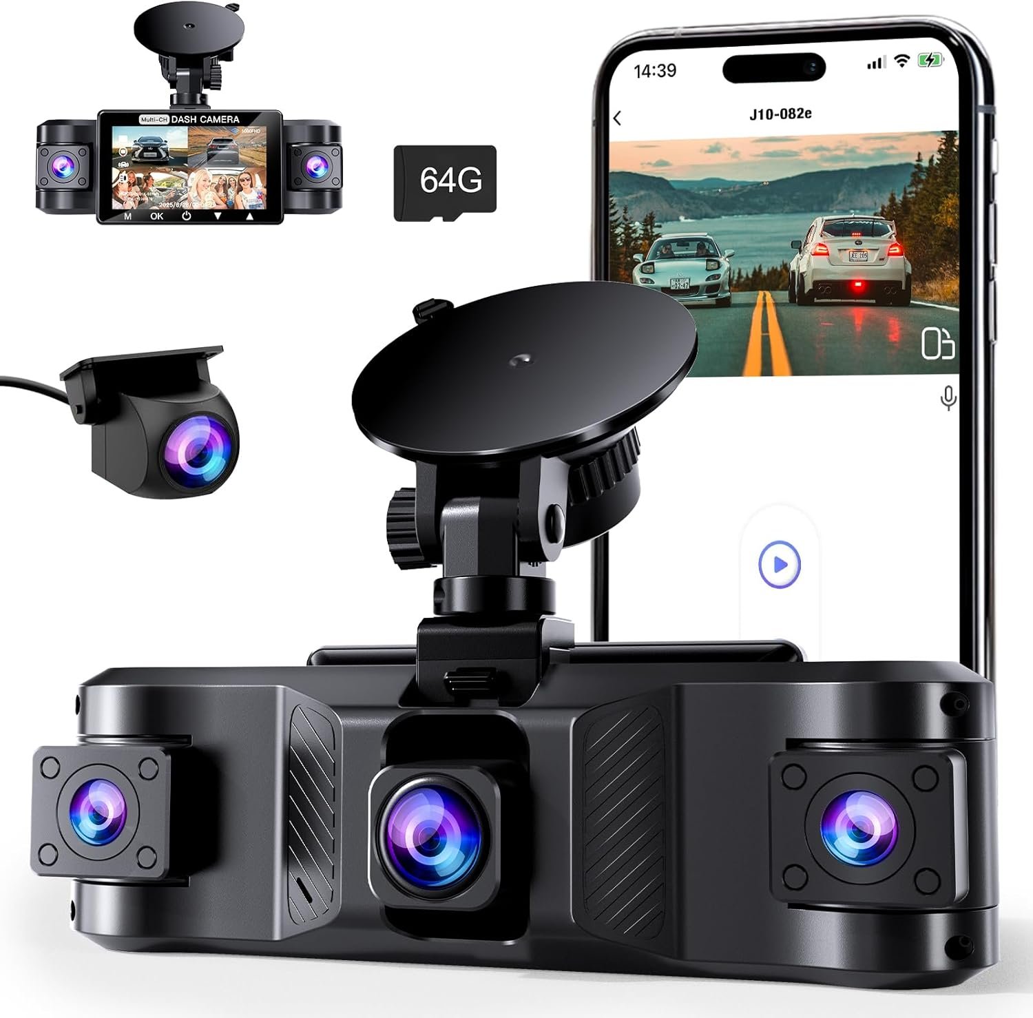4 Channel 2.5K Dash Cam Front Rear Left Right, 170° Wide Angle Car Dash Camera with 5GHz WiFi & App Control, G-Sensor, Super Night Vision, 24H Parking Monitor, Loop Recording, 64GB SD Card Included
