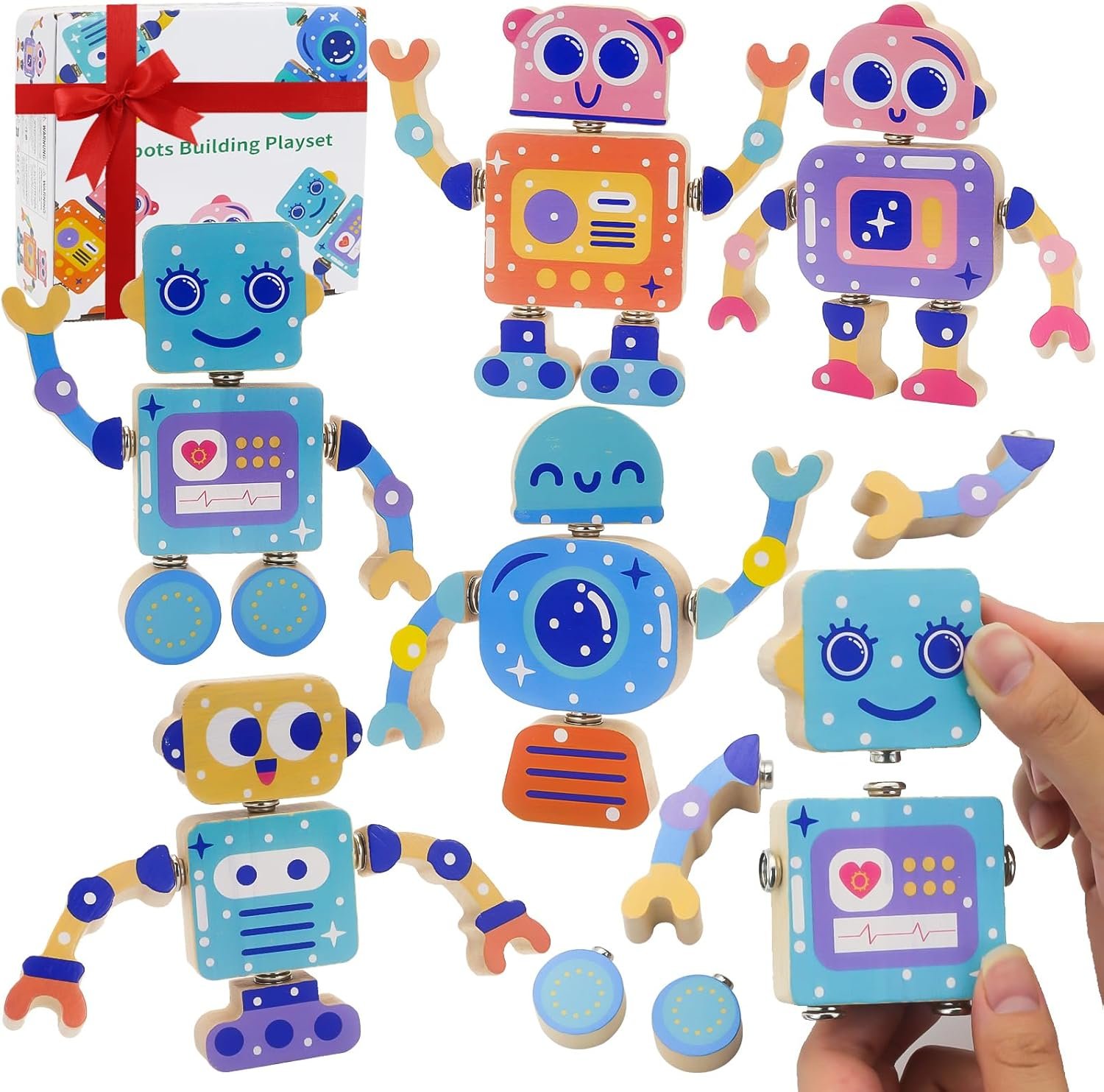 Robots Wooden Snap-Together Building Toys – 28-Piece STEM Montessori Educational Blocks for Toddlers Ages 3–6 | Fine Motor Skills Development | Safe, Durable, Creative Robot Toys Gift for Kids